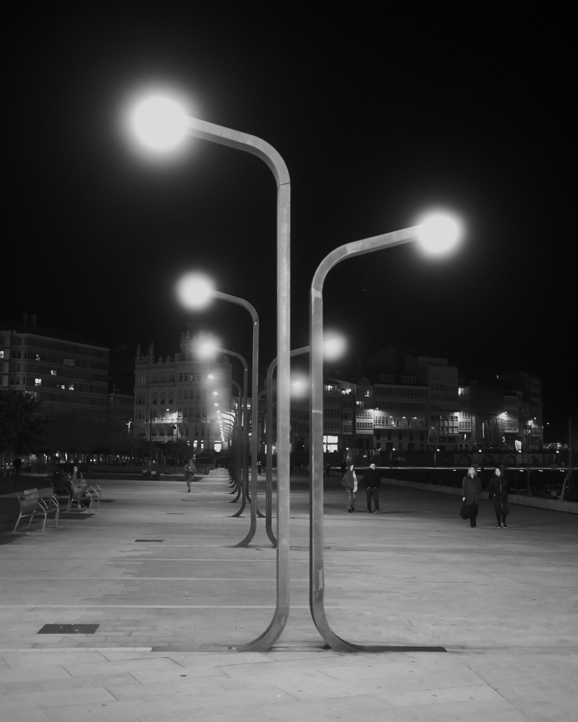 Farolas encendidas en un paseo, de noche.
